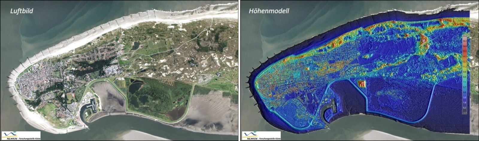 Mittels des sogenannten LiDAR-Verfahrens, das mit Lasersignalen Entfernungen sehr exakt messen kann, entstehen hochpräzise Höhenmodelle etwa von Norderney (Bild: FSK/NLWKN).