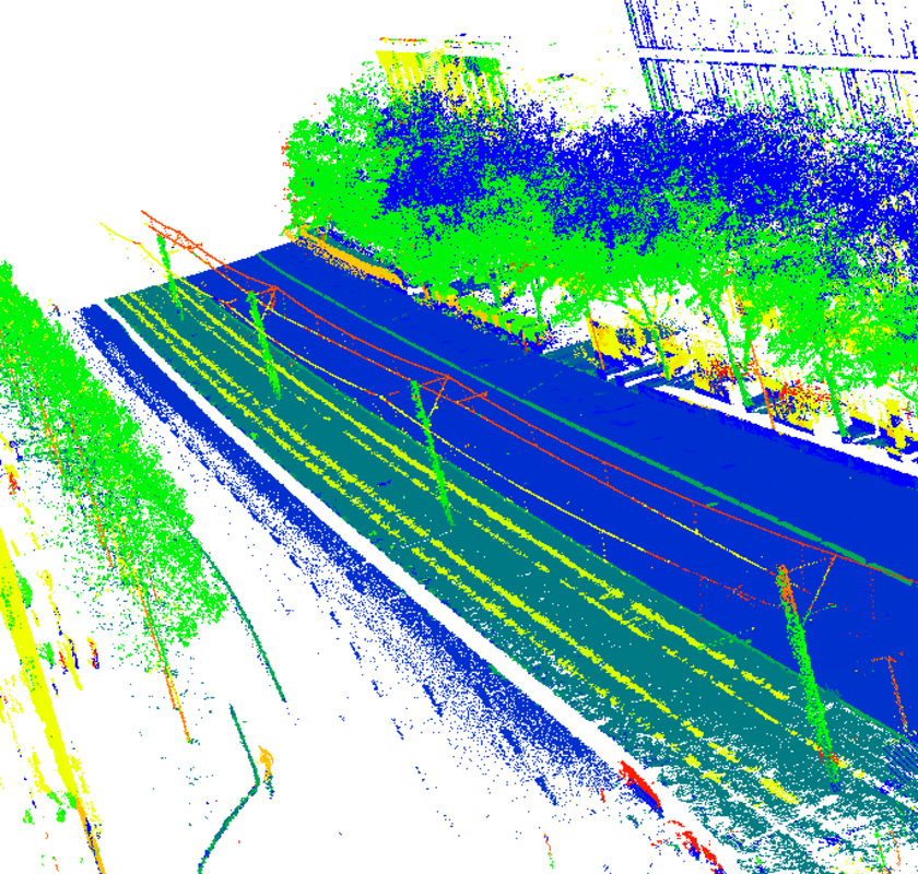 MUM mini verarbeitet und reduziert die Daten von zwei Laserscannern, mehreren Kameras und weiteren Sensoren direkt auf dem Messfahrzeug. Auch schmale Objekte wie z. B. Leitungen oder Schilder sind in der semantisch segmentierten 3D-Punktwolke erkennbar – Menschen oder Fahrzeuge hingegen werden anonymisiert, noch bevor die Daten an Geoinformationssysteme übermittelt werden. Bild: © Fraunhofer IPM