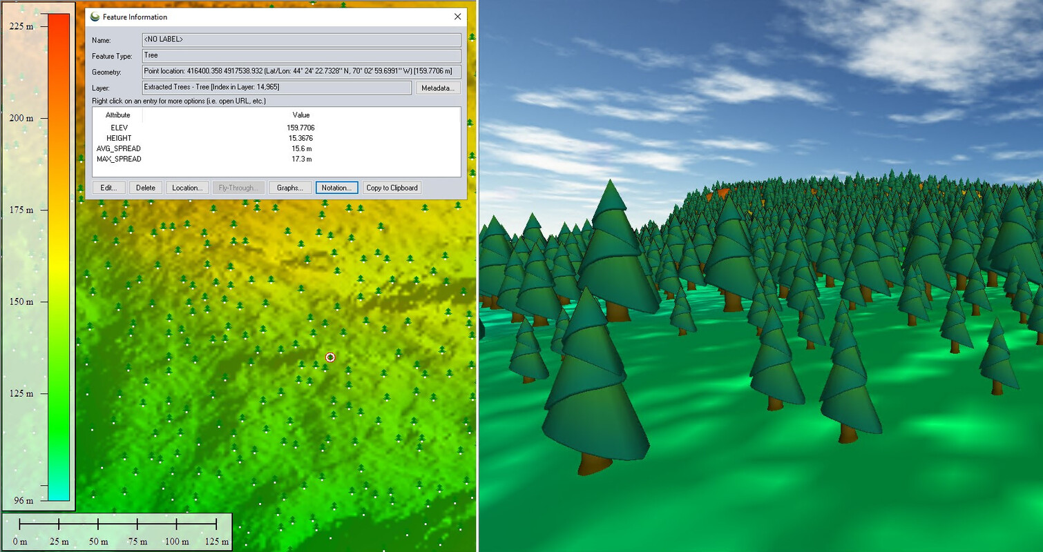 Aus den klassifizierten Bäumen wurden Punktstandorte abgeleitet, deren Angaben zur Baumhöhe auch in 3D-Darstellungen eingesetzt werden können. Bild (c) Blue Marble Geographics