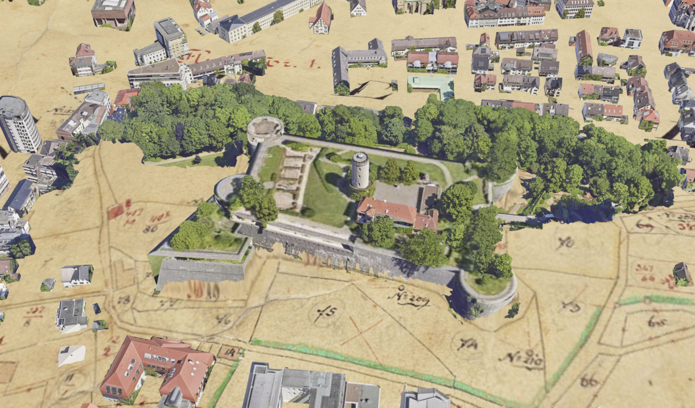 Verschneidung der Urkarte von 1825 mit dem 3D-Mesh. Foto: Stadt Bielefeld