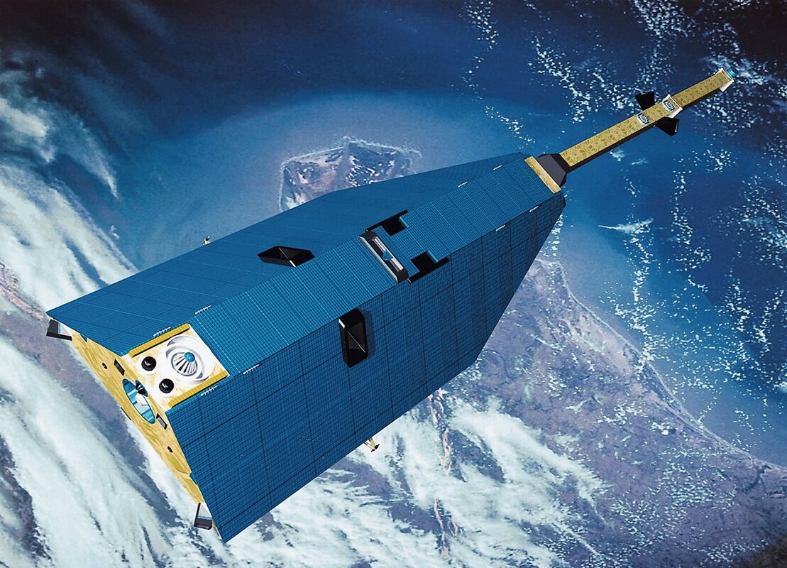 Modellabbildung des Satelliten CHAMP. Der vier Meter lange Ausleger wurde im All entfaltet und trug die Magnetfeldsensoren. (Abbildung: GFZ) 